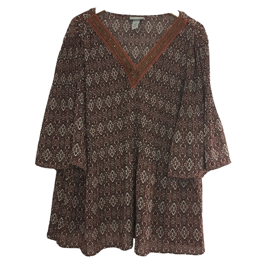 Catherines Semi Sheer Embellished Blouse Top Sz 1X‎ Pleated Elbow Sleeve V Neck